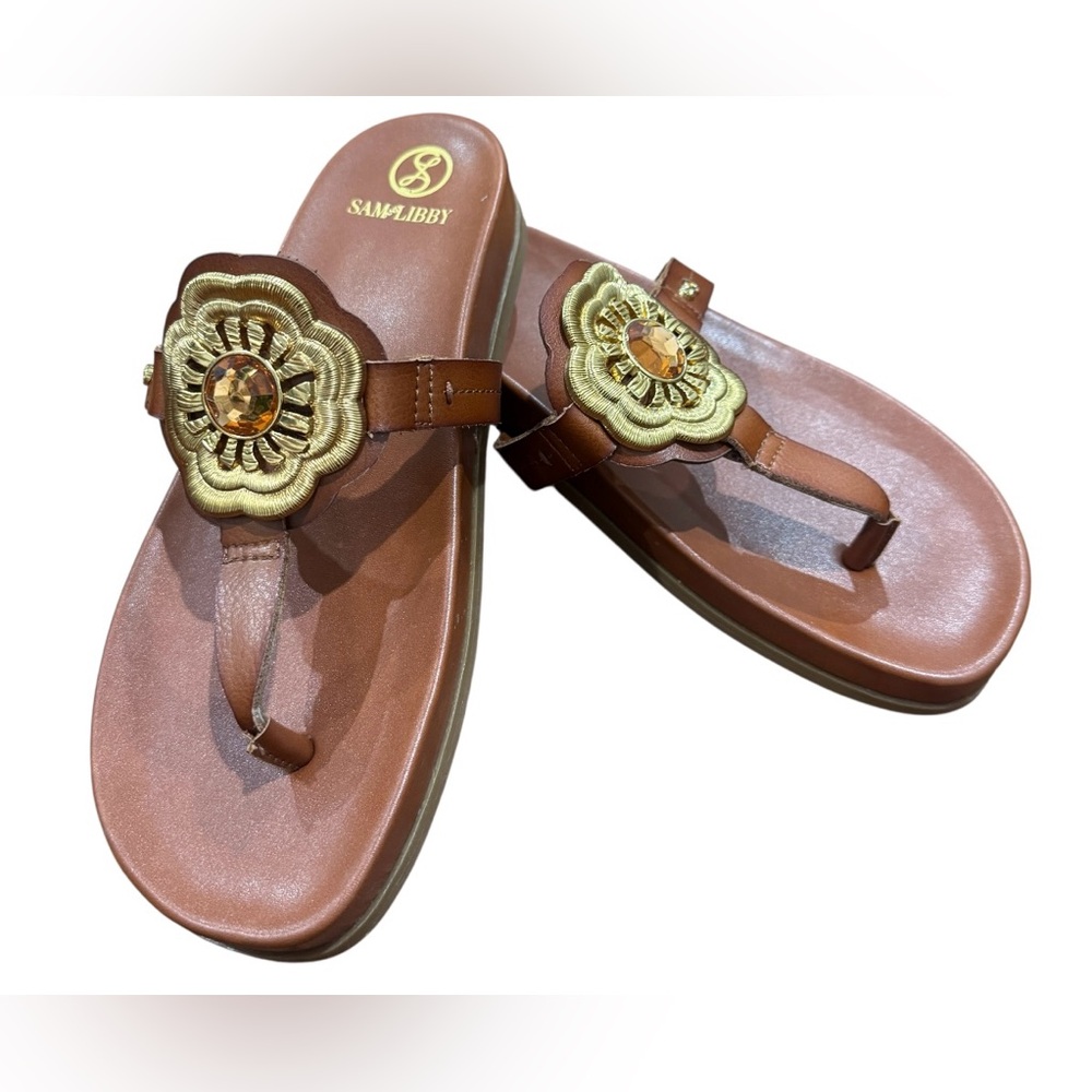 Sam & Libby Brown Sandals with Gold Embellishment Size 9